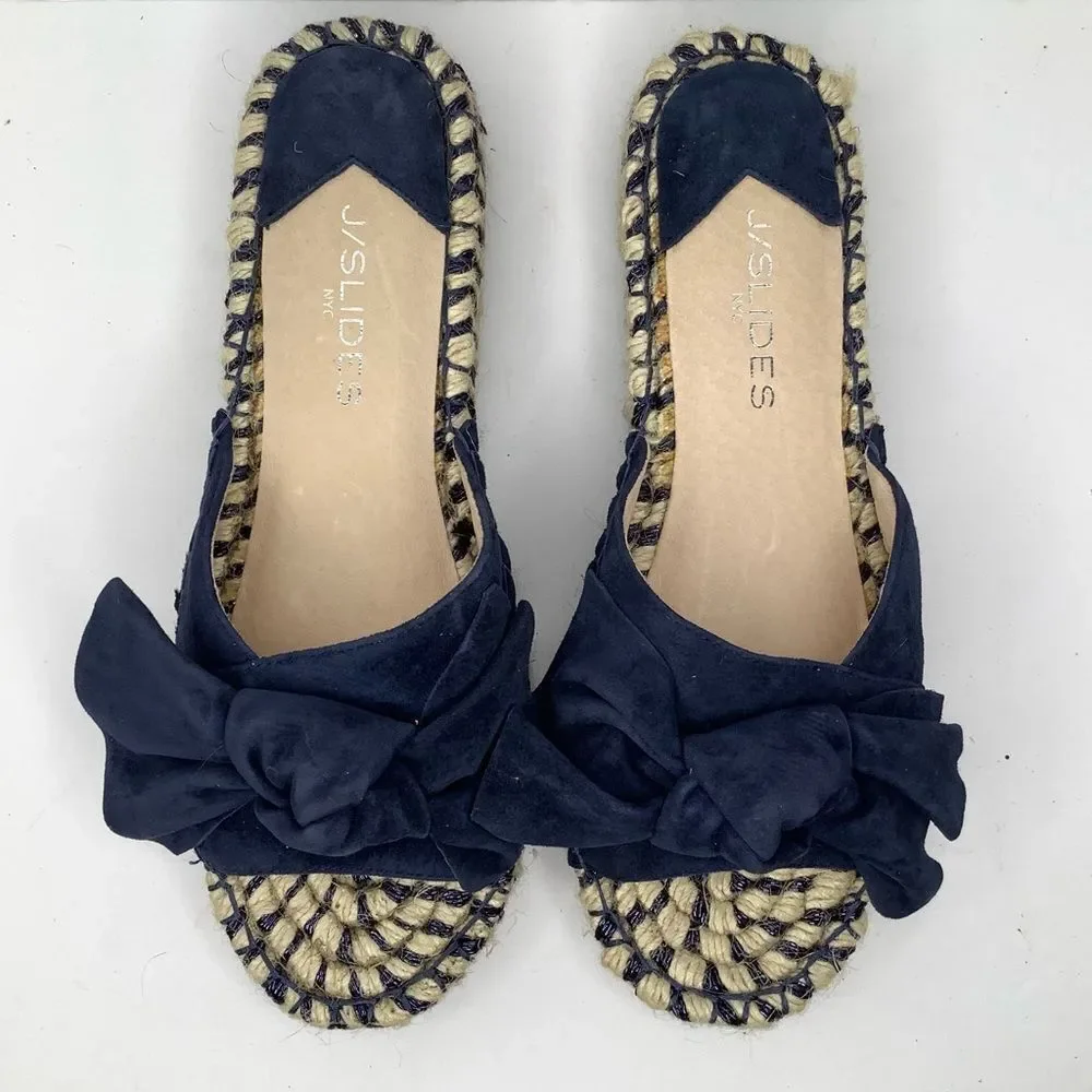 J/SLIDES Dark Blue Suede Bow Espadrille Women Open Slides Sz 8 Coastal,Travel